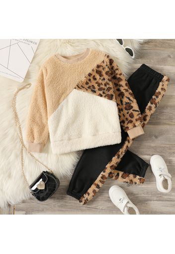 2-piece Kid Girl Leopard Print Colorblock Fuzzy Pullover Sweatshirt and Fleece Lined Pants Casual Set