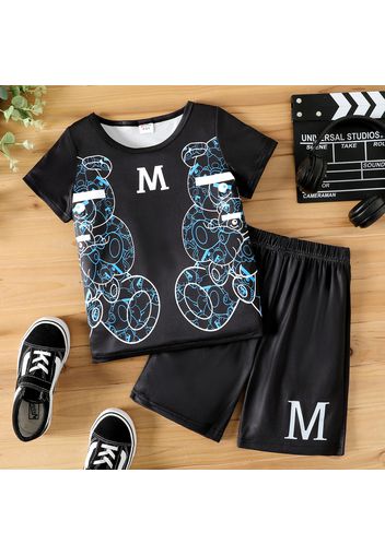 2pcs Kid Boy Animal Bear Print Short-sleeve Tee and Letter Print Shorts Set