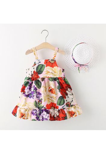 2pcs Toddler Girl Floral Print Cami Dress and Straw Hat Set