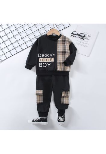 2-piece Toddler Boy Letter Print Plaid Sweatshirt and Pocket Design Pants Set