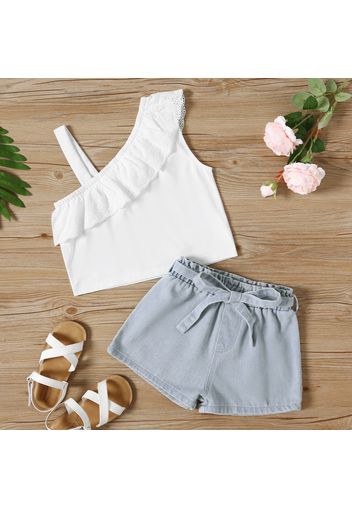 2-piece Kid Girl Flounce Schiffy Design Strap White Tee and Belted Denim Shorts Set