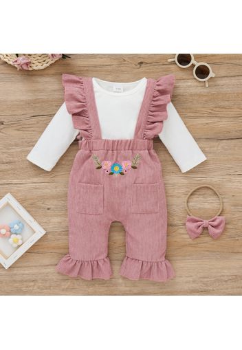 2-piece Baby Girl Long-sleeve White Romper and Floral Embroidered Ruffled Overalls Set