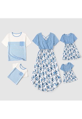 Family Matching Blue Short-sleeve Splicing Floral Print Dresses and Striped T-shirts Sets