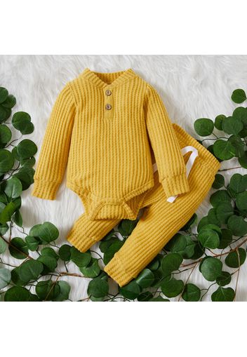 2pcs Solid Waffle Long-sleeve Baby Set