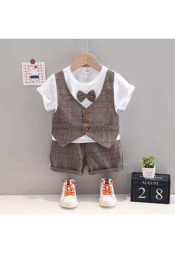 2pcs Toddler Boy Gentleman Suit, Faux-two Bow tie Design Tee and Plaid Shorts Set