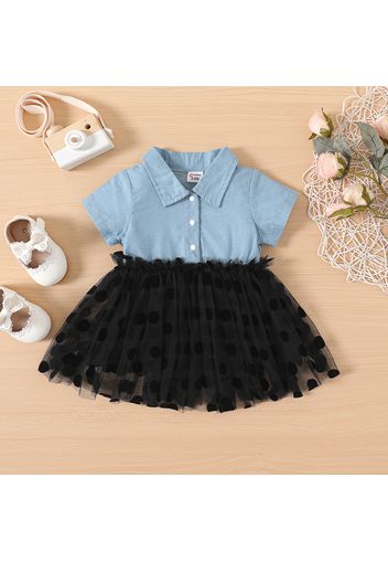 Baby Girl Denim Short-sleeve Spliced Polka Dots Mesh Dress