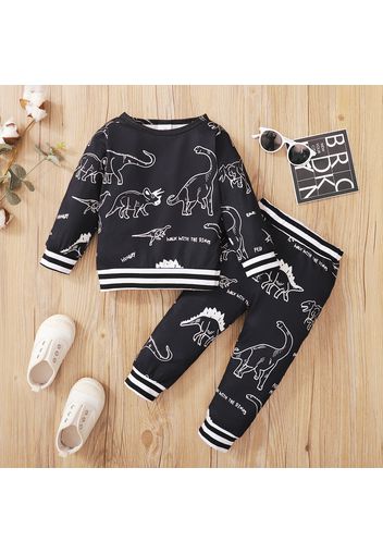 2pcs Baby Boy All Over Dinosaur Print Black Long-sleeve Splicing Striped Sweatshirt and Trousers Set