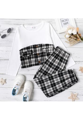 2-piece Kid Girl Plaid Colorblock Long-sleeve Tee and Elasticized Pants Set