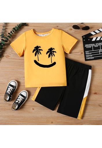 2pcs Kid Boy Emoji Print Short-sleeve Tee and Colorblock Shorts Set