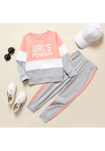 2-piece Kid Girl Letter Print Colorblock Long-sleeve T-shirt and Elasticized Joggers Pants Casual Set