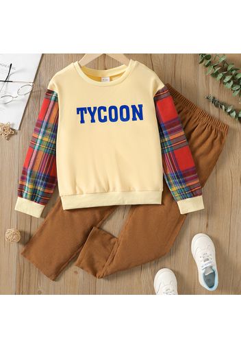 2pcs Kid Boy Letter Print Plaid Splice Pullover Sweatshirt and Brown Pants Set