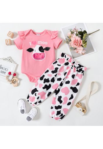 2pcs Baby Girl Letter and Cow Print Pink Ruffle Short-sleeve Romper with Bowknot Trousers Set