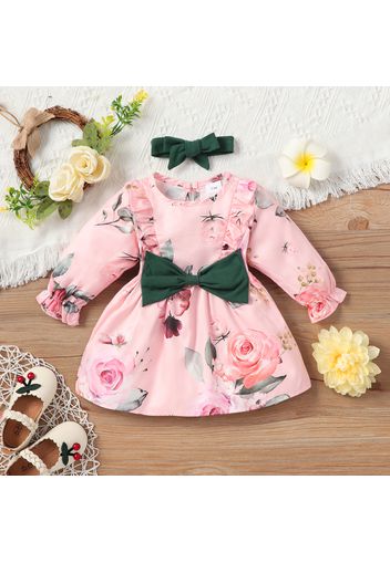 2pcs Baby Girl Bowknot Design Pink Floral Print Long-sleeve Ruffle Dress with Headband Set