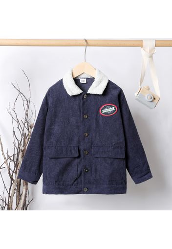 Kid Boy Letter Embroidered Fuzzy Lapel Collar Button Design jacket Coat