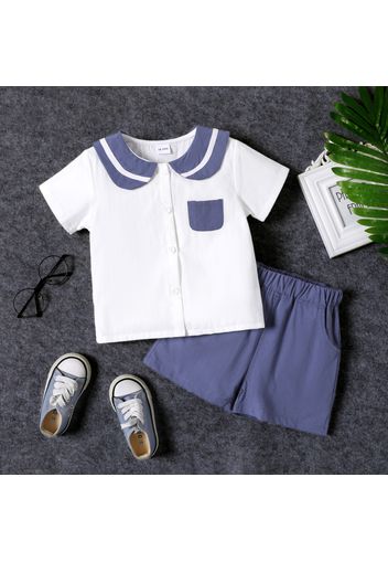 2pcs Toddler Boy Preppy style 100% Cotton Sailor Collar Shirt and Shorts Set