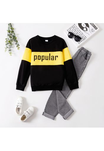 2pcs Kid Boy Letter Print Colorblock Pullover Sweatshirt and Denim Jeans Set