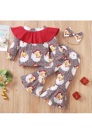 3-piece Toddler Girl Christmas Santa Leopard Print Flounce Top, Flared Pants and Headband Set