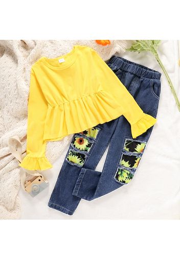 2-piece Kid Girl Bell sleeves Yellow Peplum Top and Sunflower Print Patchwork Ripped Denim Jeans Set