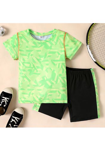 2-piece Kid Boy Allover Print Short-sleeve Tee and Elasticized Colorblock Shorts Set