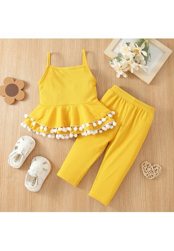 2pcs Baby Girl Pompon Design Solid Ribbed Spaghetti Strap Ruffle Top and Pants Set