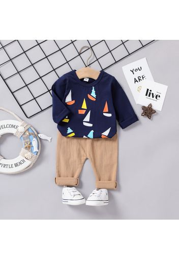 100% Cotton 2pcs Baby Boy Long-sleeve Allover Colorful Sailboat Print Tee and Solid Pants Set