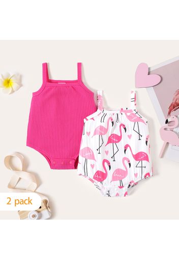 2-Pack Baby Girl Allover Flamingo Print and Solid Rib Knit Cami Rompers Set