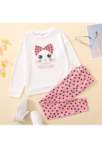 2-piece Kid Boy Letter Cat Print Long-sleeve White Top and Polka dots Pants Set