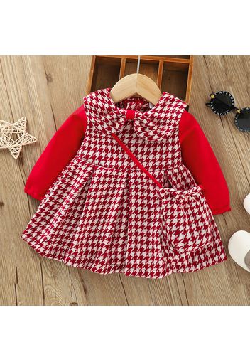 2pcs Baby Girl Red Houndstooth Doll Collar Long-sleeve Dress with Shoulder Bag Set