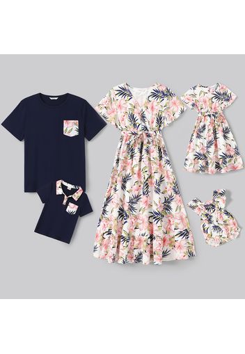 Family Matching All Over Floral Print V Neck Short-sleeve Belted Midi Dresses and T-shirts Sets