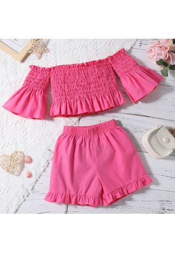 100% Cotton 2pcs Baby Girl Solid Off Shoulder Bell Sleeve Shirred Top and Bloomers Shorts Set