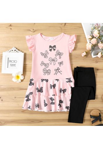 2-piece Kid Girl Bowknot Print Flutter-sleeve Pink Tee and Elasticized Black Leggings Set