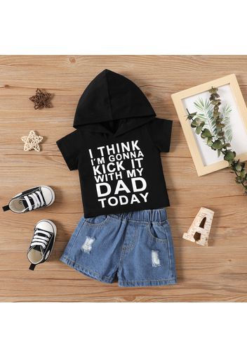 2pcs Baby Boy 95% Cotton Short-sleeve Letter Print Hooded Top and Ripped Denim Shorts Set