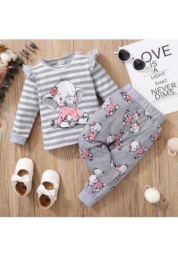 2pcs Baby Girl Cartoon Elephant Print Grey Striped Long-sleeve Top and Trousers Set