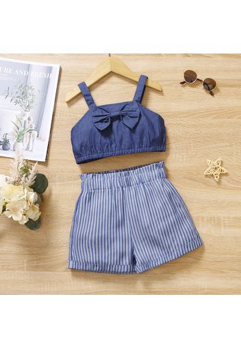 2pcs Toddler Girl Bowknot Design Denim Camisole and Stripe Elasticized Shorts Set