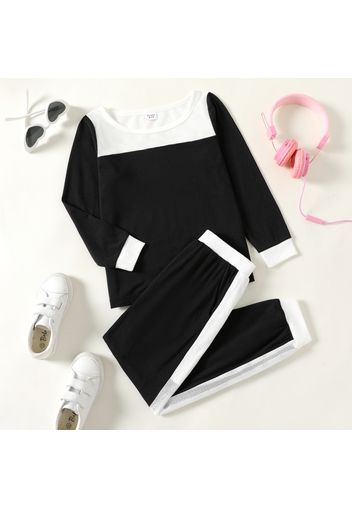 2-piece Kid Girl Colorblock Mesh Hollow out Long-sleeve Top and Elasticized Pants Casual Set