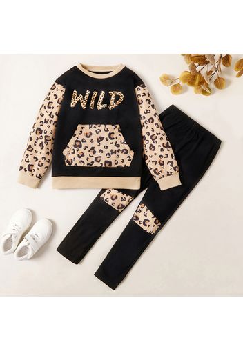 2-piece Kid Girl Letter Leopard Print Front-pocket Sweatshirt and Pants Set