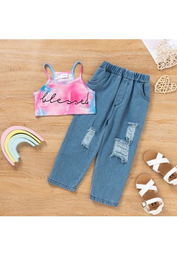 2pcs Toddler Girl Letter Print Tie Dyed Camisole and Straight Ripped Denim Jeans Set