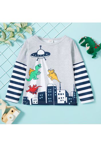 Toddler Boy Dinosaur UFO Building Print Stripe Long-sleeve Tee