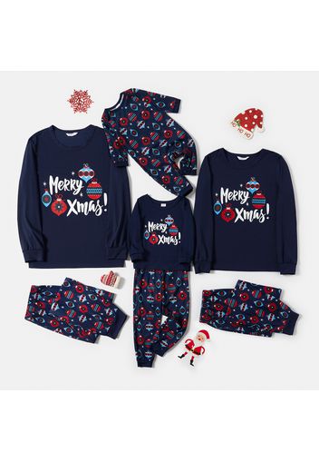 Christmas Letter Print Dark Blue Family Matching Long-sleeve Pajamas Sets (Flame Resistant)