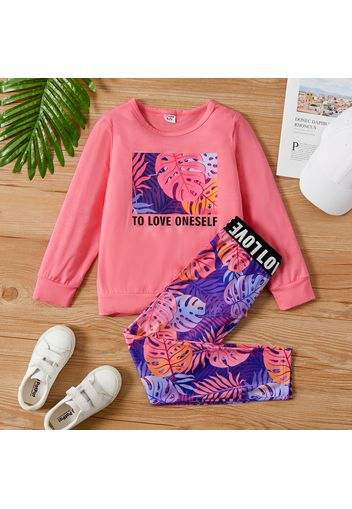 2pcs Kid Girl Letter Floral Print Long-sleeve Tee and Elasticized Leggings Set