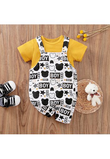 2pcs Baby Boy/Girl 100% Cotton Allover Bear and Letter Print Overalls with Solid Waffle Short-sleeve Top Set