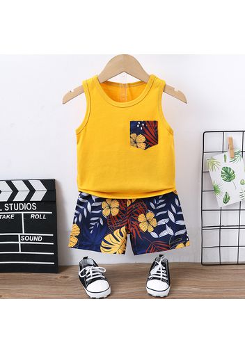 2pcs Baby Boy 100% Cotton Tank Top and Allover Plant Print Shorts Set