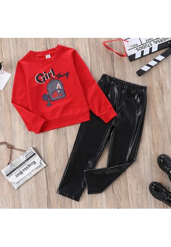 2-piece Kid Girl Letter Bag Print Red Pullover Sweatshirt and PU Leather Pants Set