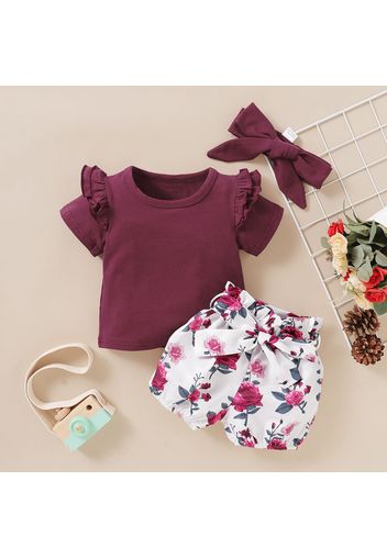 100% Cotton 3pcs Floral Print Short-sleeve Baby Set