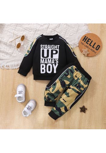 2pcs Baby Boy Long-sleeve Letter Print Sweatshirt and Camouflage Print Sweatpants Set