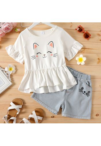 2-piece Kid Girl Cat Print Ruffled Short-sleeve Peplum Tee and Embroidered Denim Shorts Set