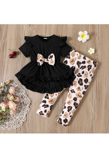 2pcs Toddler Girl Bowknot Design Ruffled High Low Short-sleeve Black Tee and Leopard Print Leggings Set