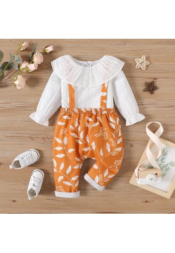 2pcs Baby Girl 100% Cotton Swiss Dot Ruffle Collar Long-sleeve Top and Allover Leaf Print Overalls Set