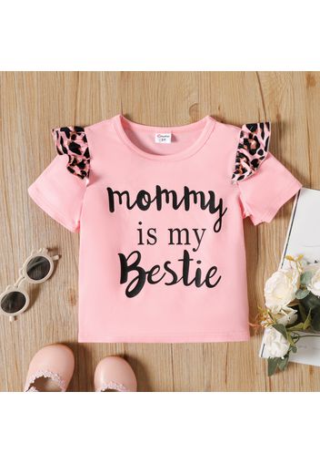 Toddler Girl Letter Print Leopard Ruffled Short-sleeve Tee