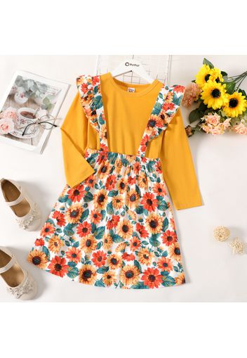 2-piece Kid Girl Long-sleeve Yellow Tee and Ruffled Floral Print Overall Dress Set